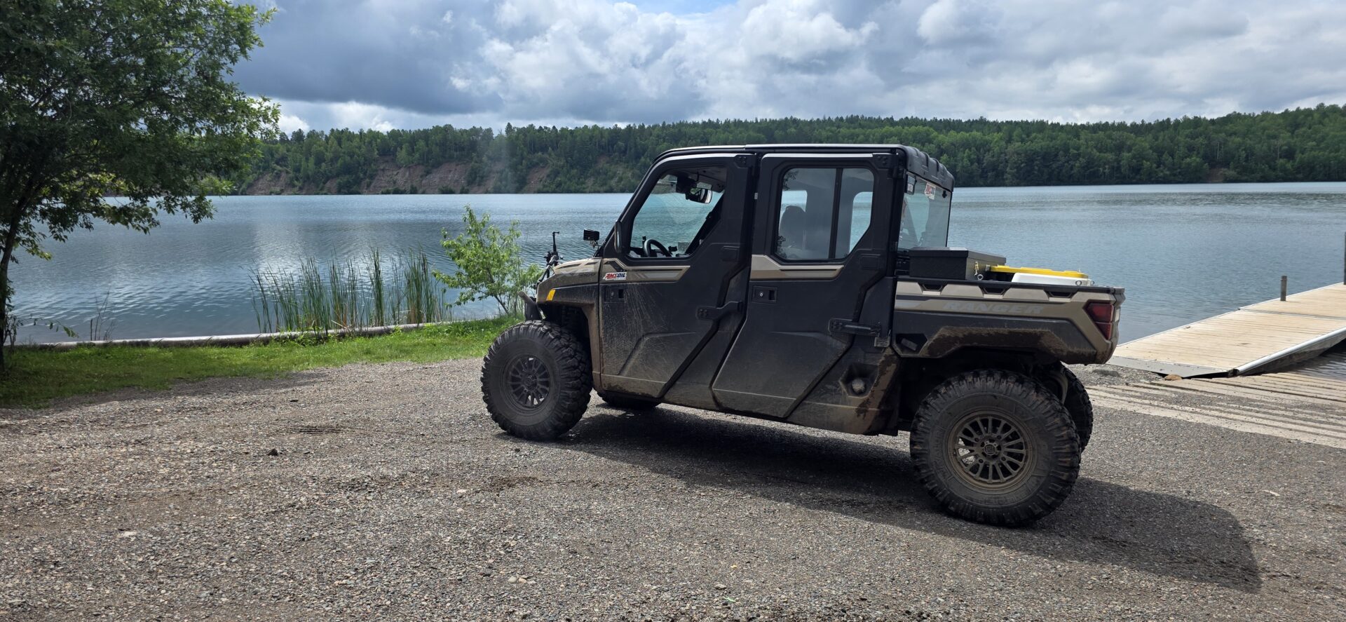 Off-road vehicle parked by a lake